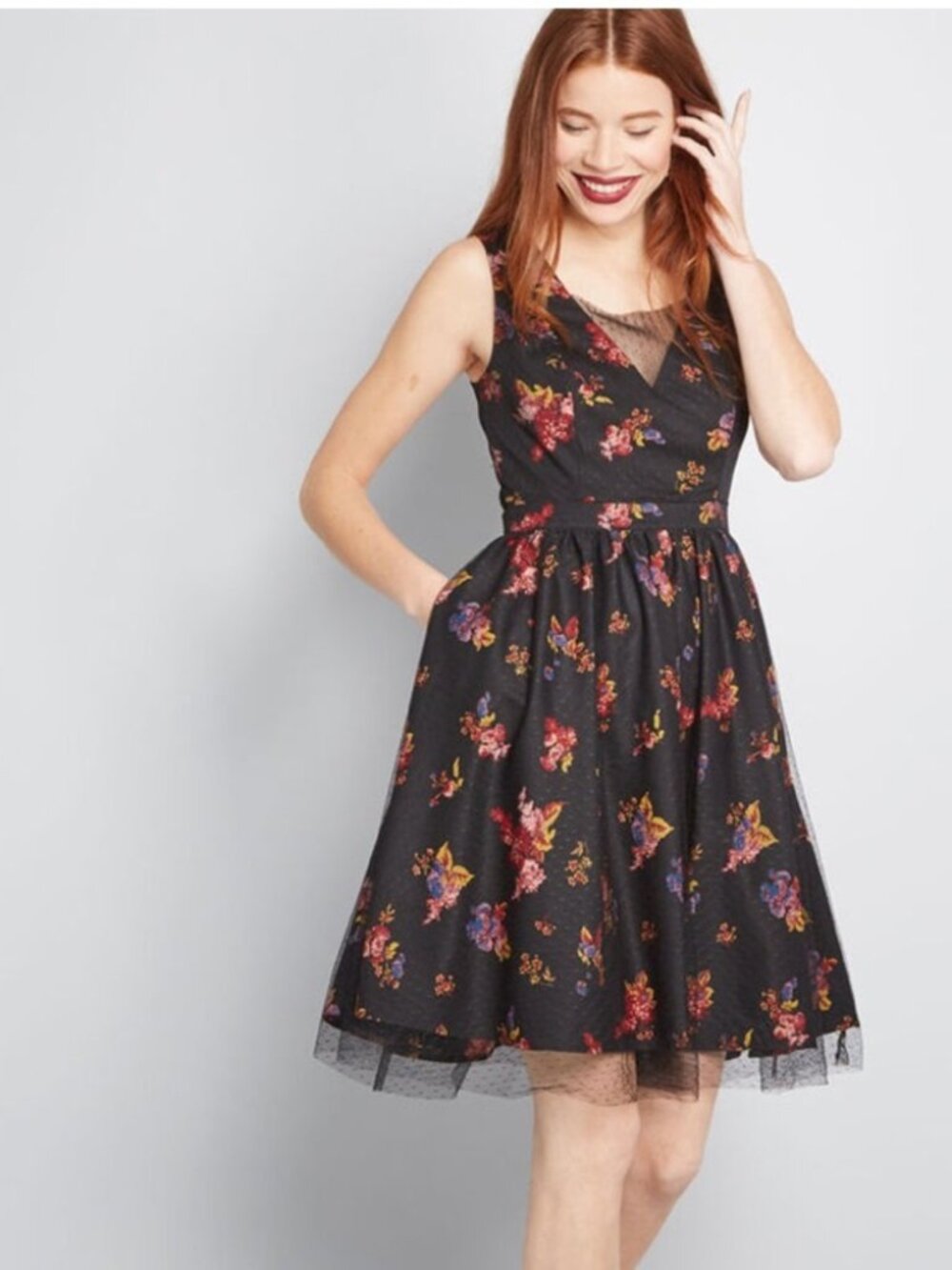 Modcloth Delightful Sight A-Line Swiss Dot Floral Dress